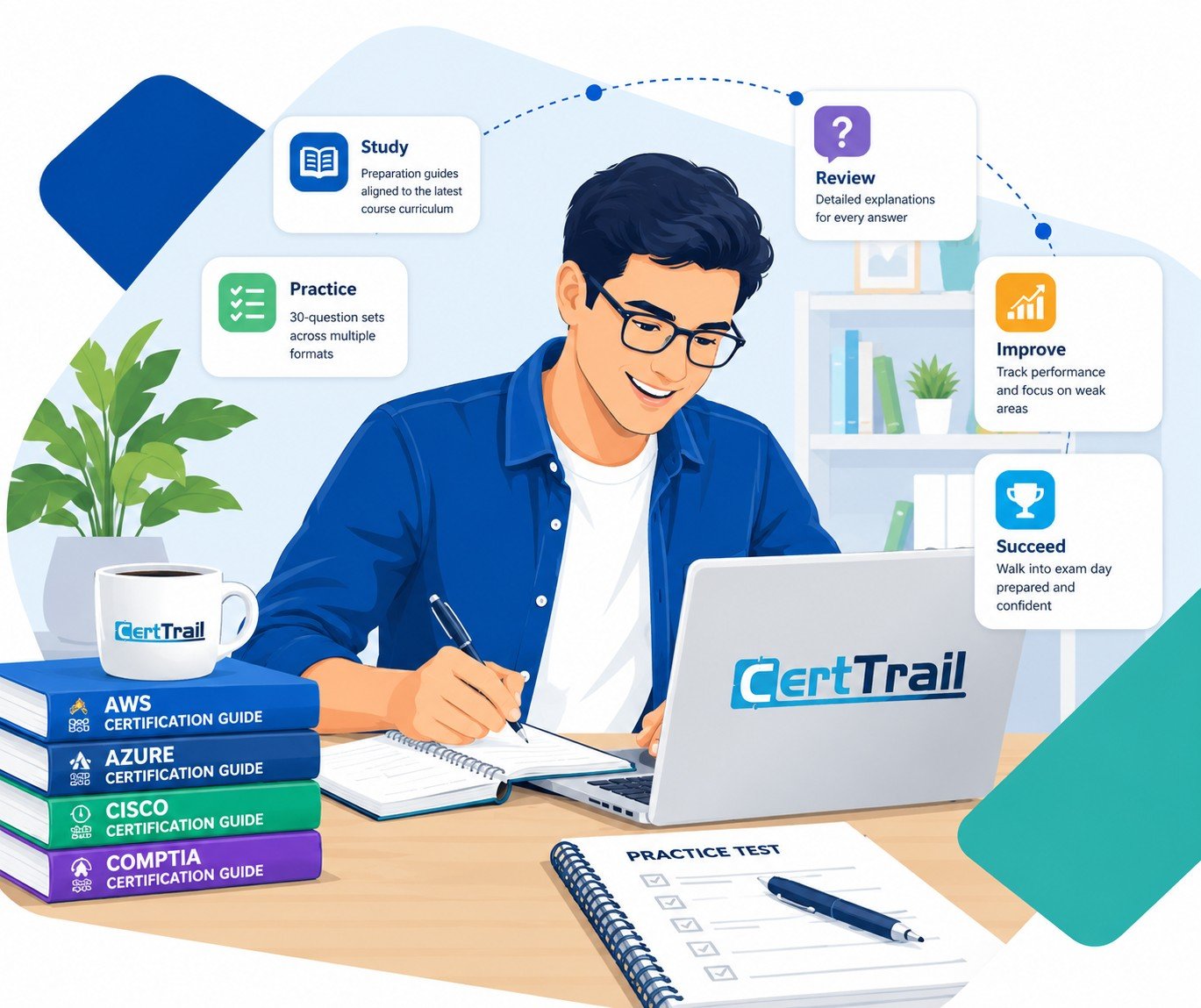 CertTrail online certification exam preparation for AWS, Microsoft Azure, Google Cloud, Cisco, and CompTIA